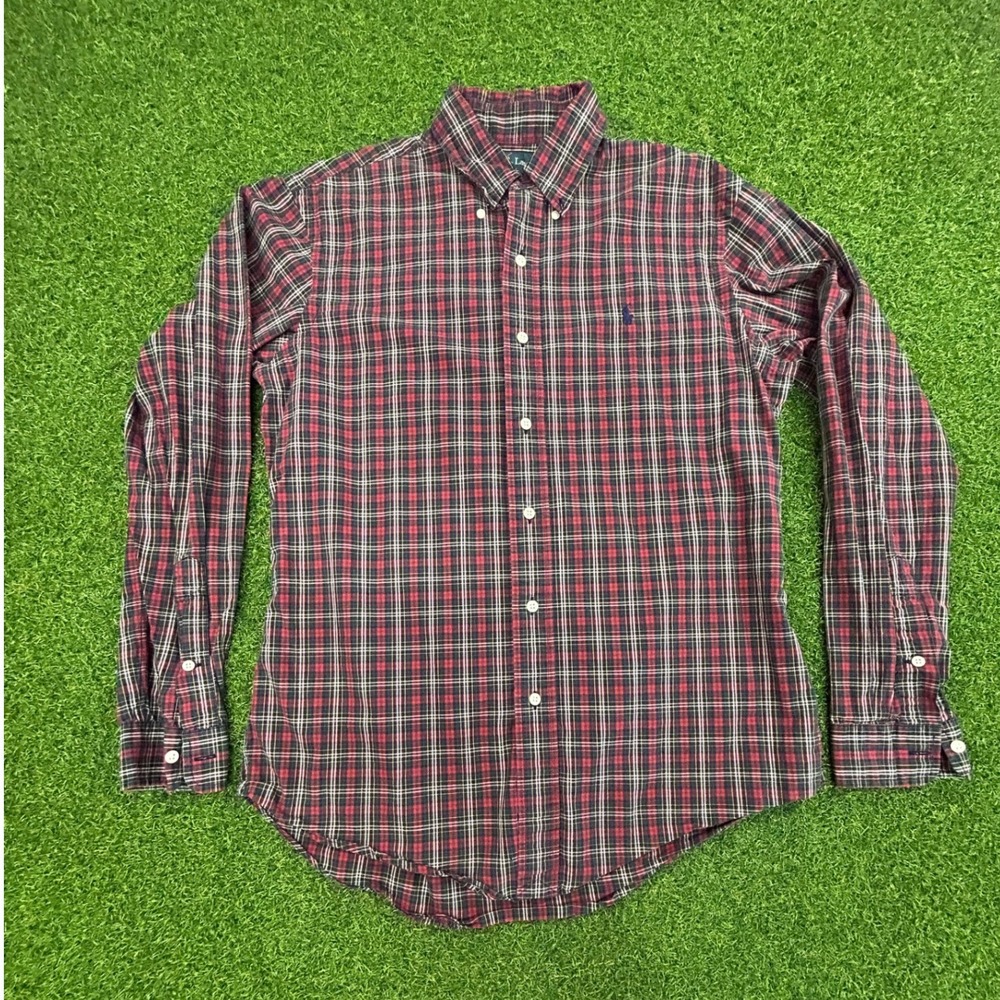 Ralph Lauren Mens Custom Fit Plaid Button Down Shirt Red Black Yellow Size M